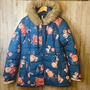 Matilda Jane Floral “Break the Ice” Puffer Jacket with Faux Fur Hood